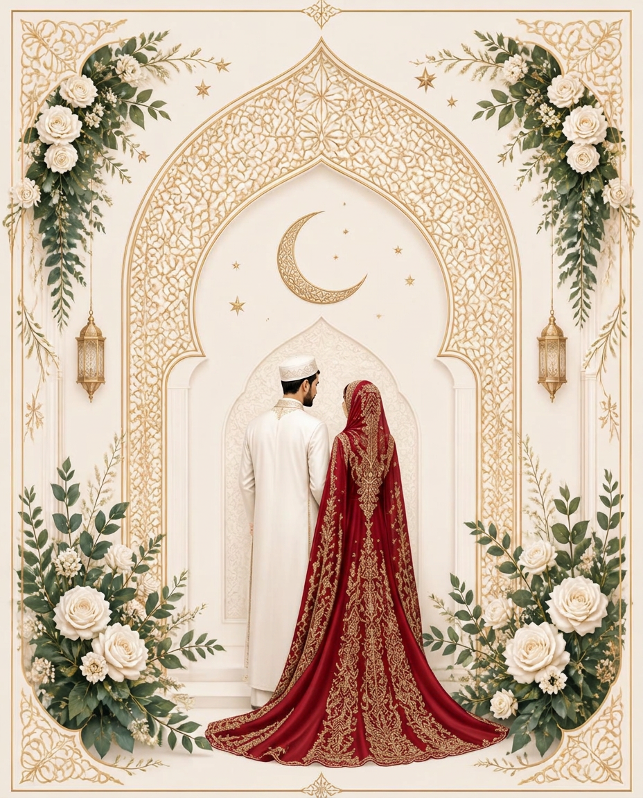 Illustration of a groom and a bride in a red gown beneath a golden Islamic arch